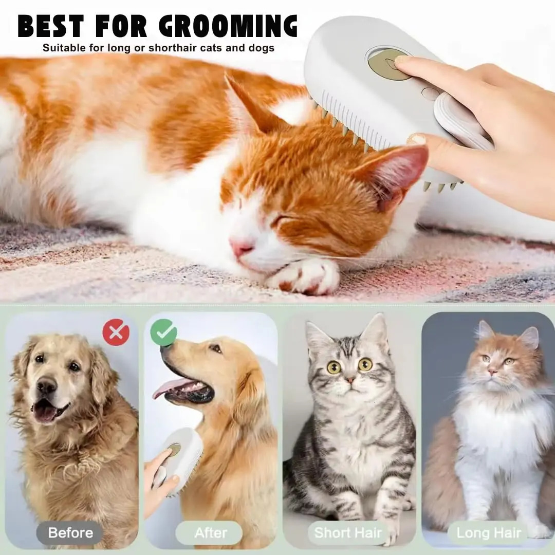 3-in-1 Dog Hair Brush Cat Hair Brush Electric Pet Cleaning Brush Steam Spray Brush Massage Hair Removal Comb Anti Flying Brush 250614