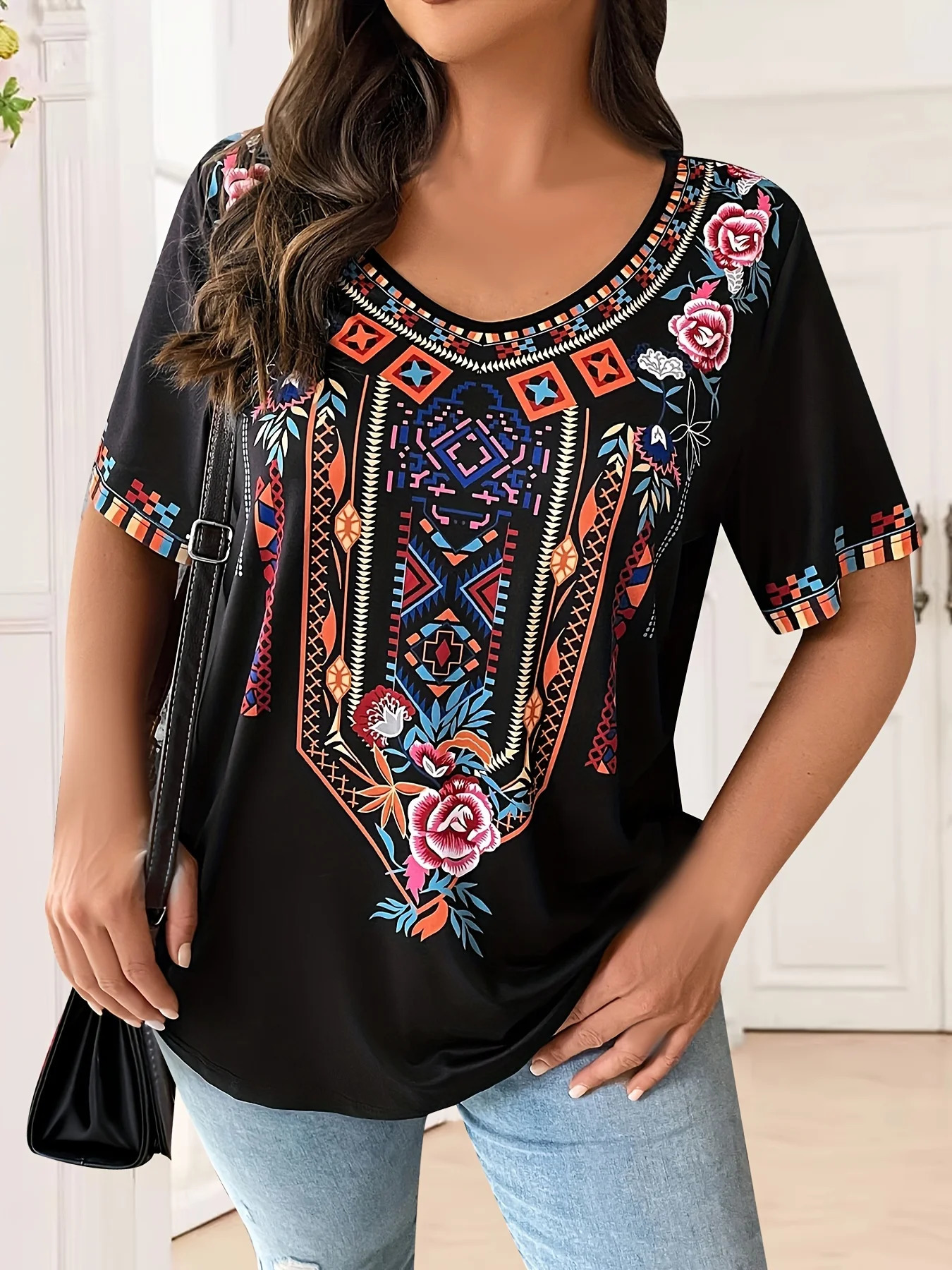 Plus Size Womens TShirt Boho Harajuku Graphic Print Summer Short Sleeve Casual Tops Street Fashion Female Clothing 250614