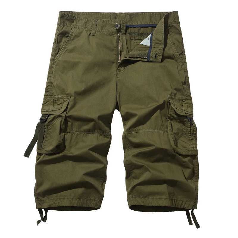 New Loose Large Size Cargo Shorts Cotton Mens Tactical Casual Shorts Solid Color Patchwork Military Shorts White Knee Length W250614