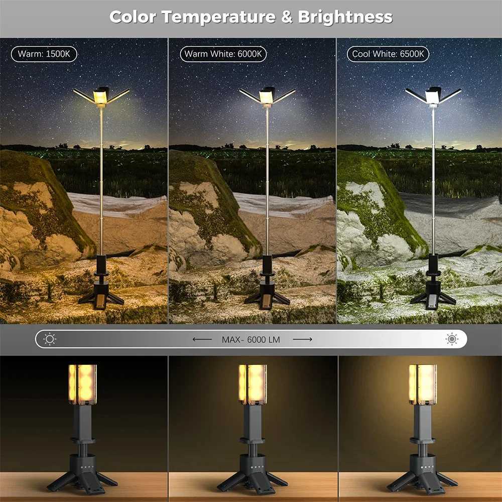 14000mAh Rechargeable Outdoor Hiking Fishing Tent Lamp 6000 LM Super Bright Magnetic Rotatable Telescopic LED RV Camping Lantern W250613