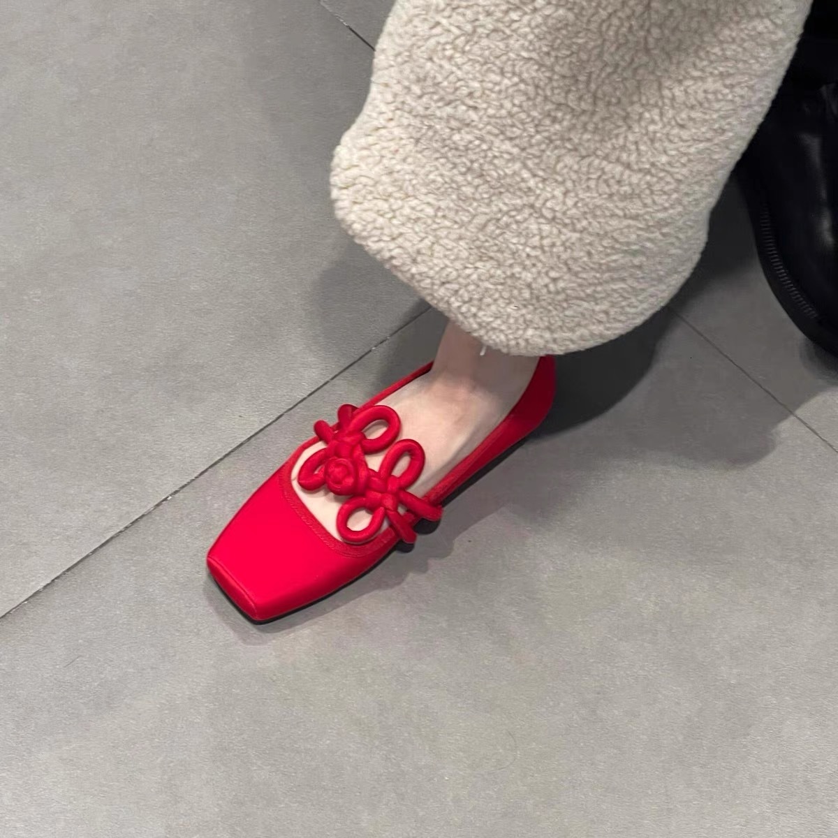 Ddmysheep Ddmysheep Sheepskin Version National New Chinese Style Square Toe Mary Jane For Women Versatile Ballet Red Bow Flat Single Shoes