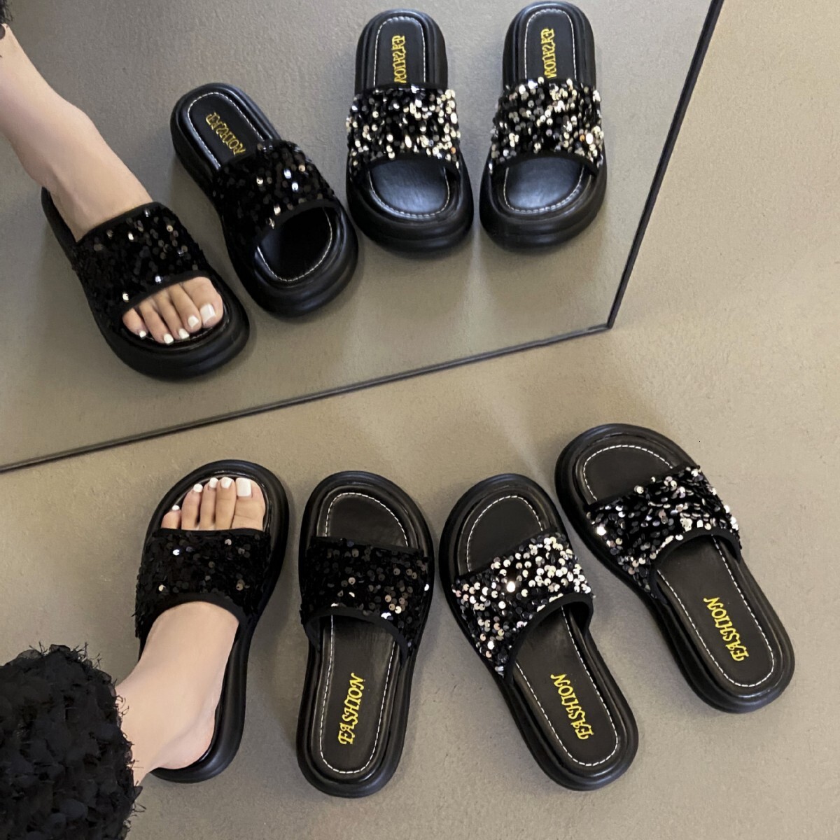 Ddmyoutdoor Thick Soled Spring Summer New Fashion Sequin One Strap Casual Beach Sandals For Women Outdoor Shoes