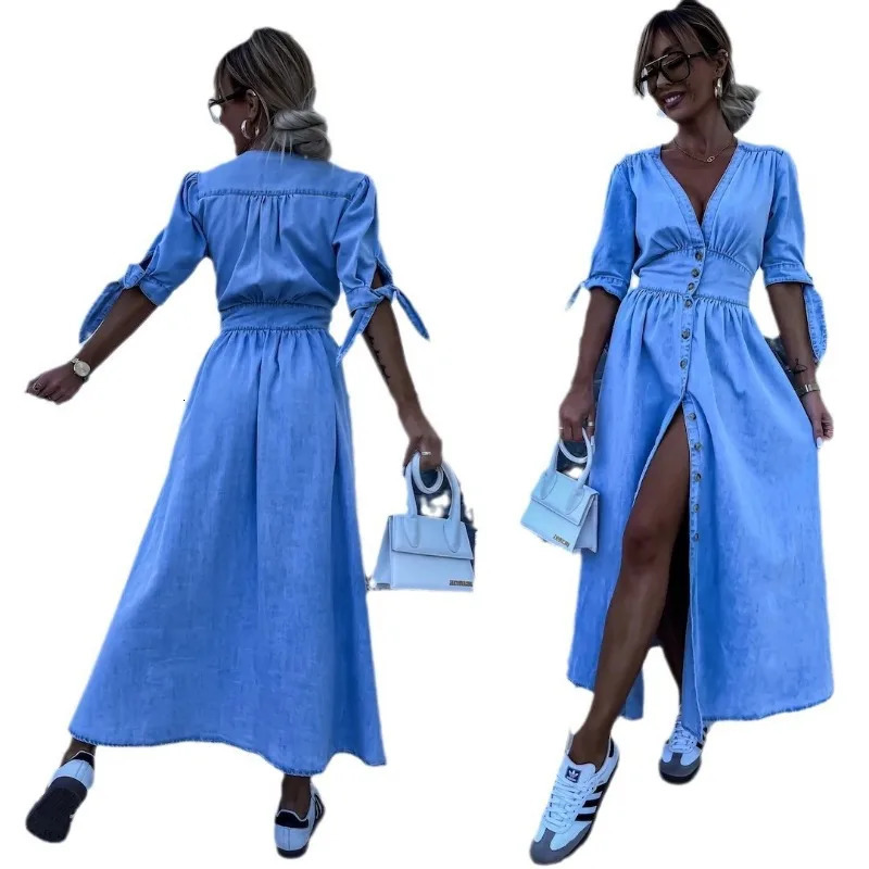 Spring Summer Womens Clothing Solid Color Fashion Sexy V-neck Long Single-Breasted Denim Dress 250609