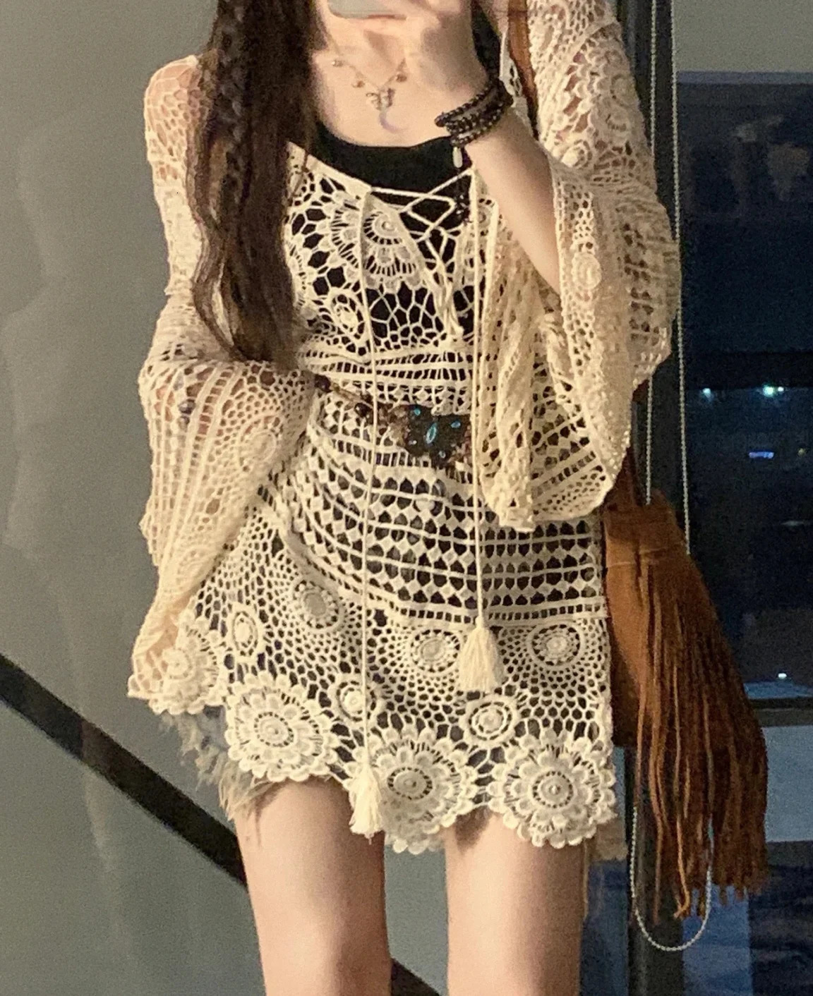 Crochet Tunic Top Boho Women Summer Beach Wear Lantern Sleeve Tassel VNeck Open Knit Top 250612