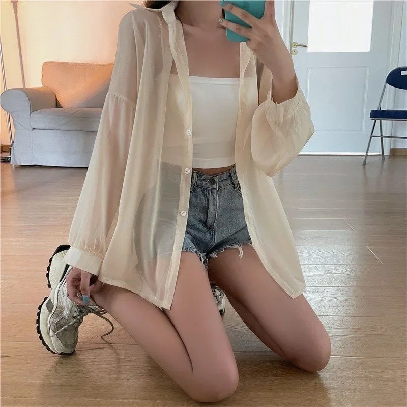 Xpqbb Womens White Chiffon Shirt Sheer Thin Long Sleeve Sun Protection Blouse Woman Casual Loose Simple Singlebreasted Shirts 250614