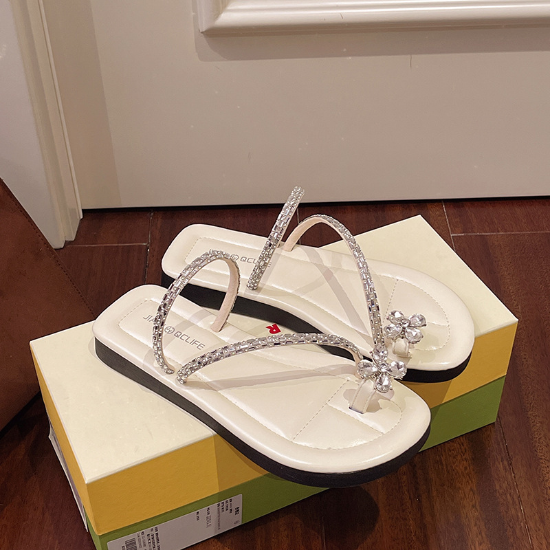 Ddmyoutdoor Flat French Style Toe Ring For Women New Summer Soft Sole Dress Shoes With Rhinestones Stunning Beach Sandals Outdoor Shoes