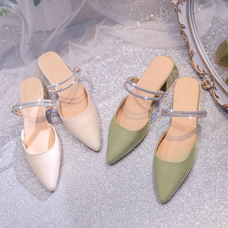 Ddmyoutdoor New Spring Summer Closed Toe Sandals For Women Mid Heel Chunky Fairy Style Fashion Rhinestone Two Way Wear Slippers S Shoes Outdoor Shoes