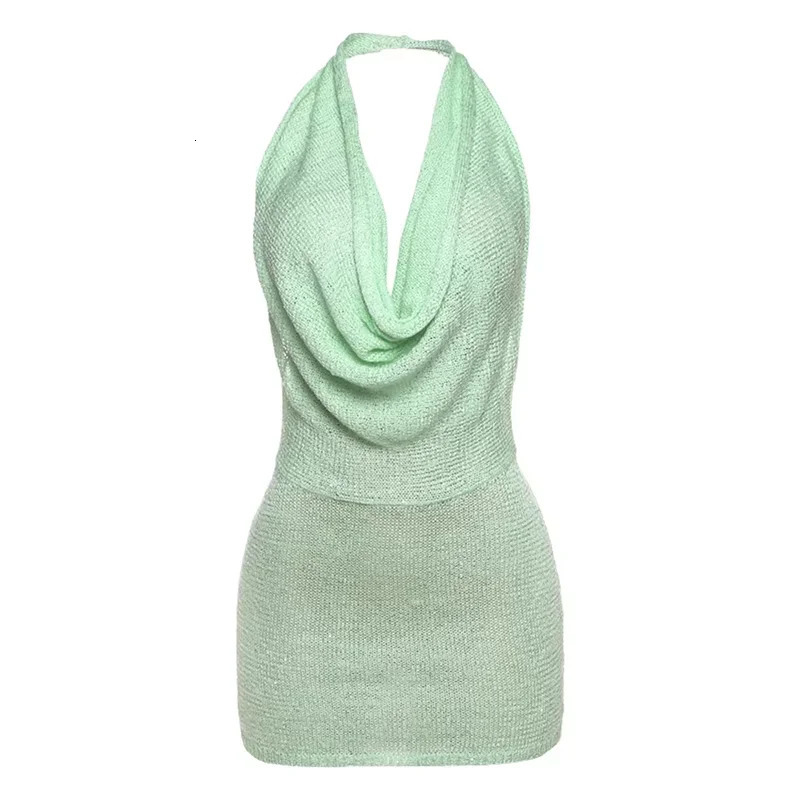 Sisterlinda Knitted Sequins Mini Dress Halter Summer Stunning Low Swinging Neck Backless Skinny Female Sexy Party Bodycon 250614