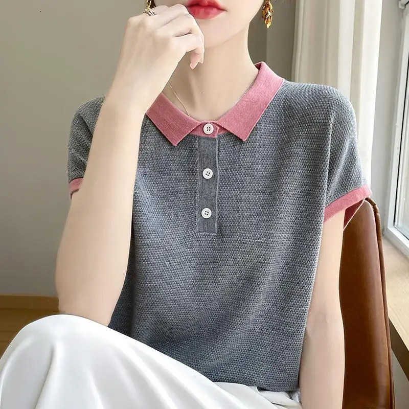 Womens Polo Contrast Color Knitted T-shirts High Quality Original in Trend 2025 Korean Style Clothing Baggy Female Tee 250609