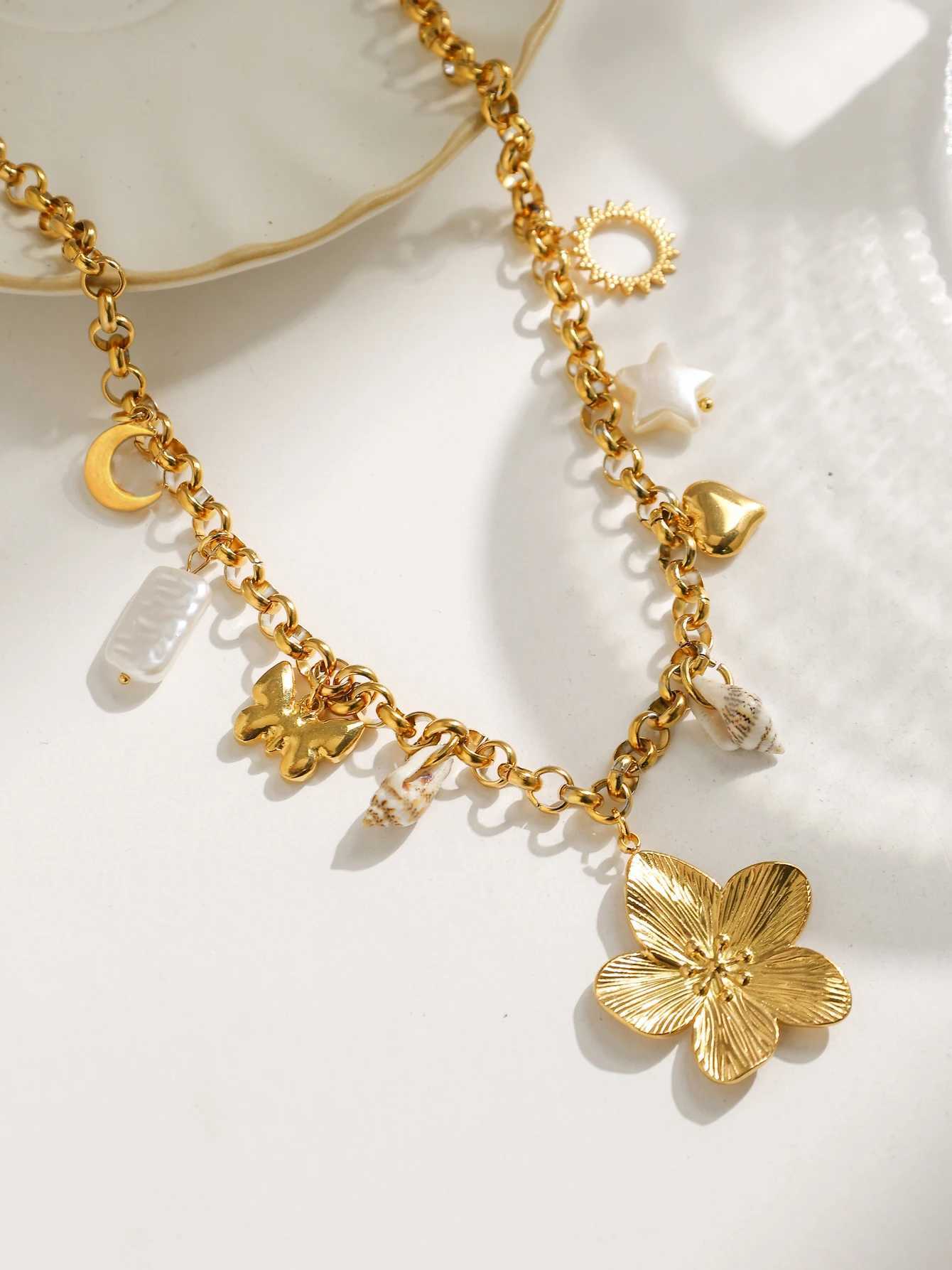 Star Butterfly Moon Flower Shell Pearl Pendant Necklace Stainless Steel Waterproof Fashion Women Jewelry Gold Ornaments Gift Z250614