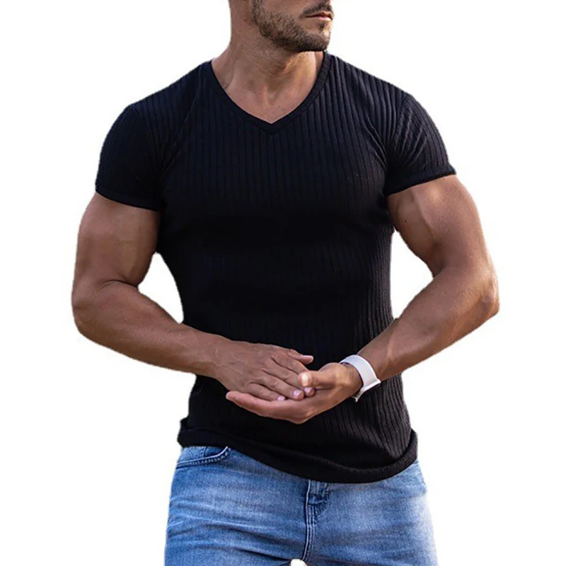 Mens V Neck Short Sleeve T Shirt Fitness Slim Fit Sports T-shirt Solid Fashion Strips Tees Tops Summer Knitted Gym Clothing 250529
