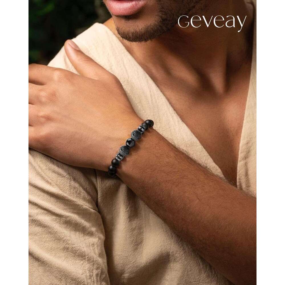 Mens Natural Stone Bracelets 8MM Stretch Adjustable Tiger Eye, Matte Agate, Lava Rock Beaded Bracelet Set for Men Women Gifts
