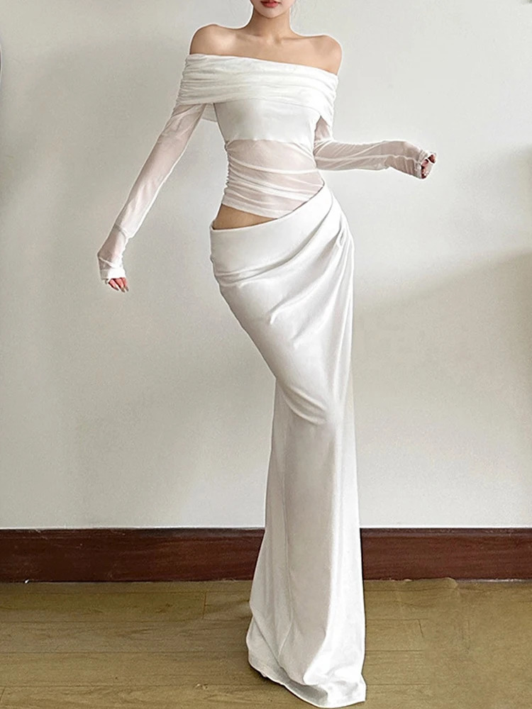 Nibber Sexy Dress Women Spring Patchwork Mesh Elegant Slash Neck Ruched Fit Chic Birthday Party Festival Vacation Vestidos 250613