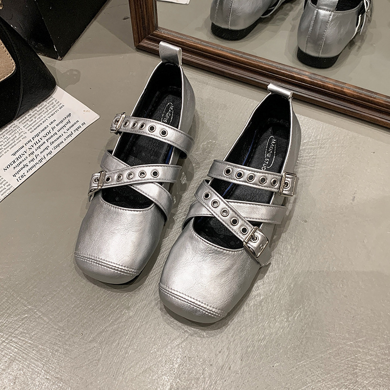 Ddmyoutdoor Fashion Ballet For Women Summer Cross Buckle Shallow Square Toe Single Versatile Flat Mary Jane Shoes Outdoor Shoes