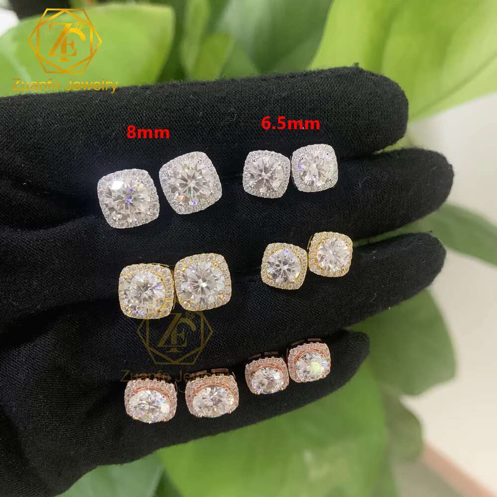 New Trendy 925 Silver Square Shape 6.5mm 8mm D VVS Moissanite Diamond Halo Stud Earrings With GRA Certificate