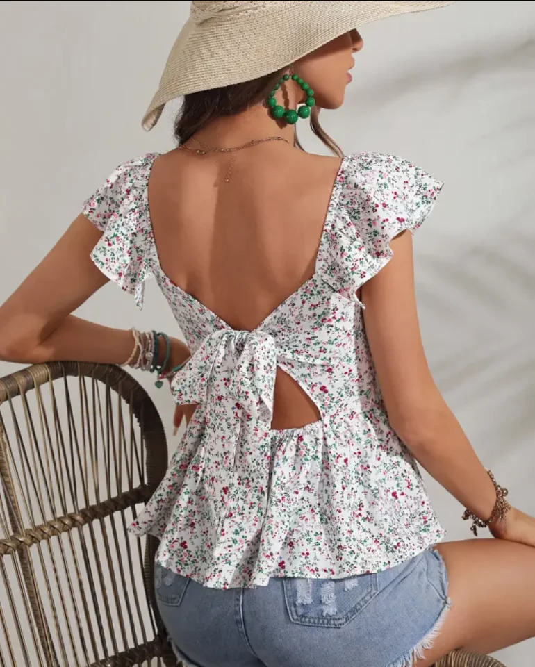 Ladies Summer Floral Laceup Square Neck Slim Fit Vacation Style Highend Sense Shirt Top 250614