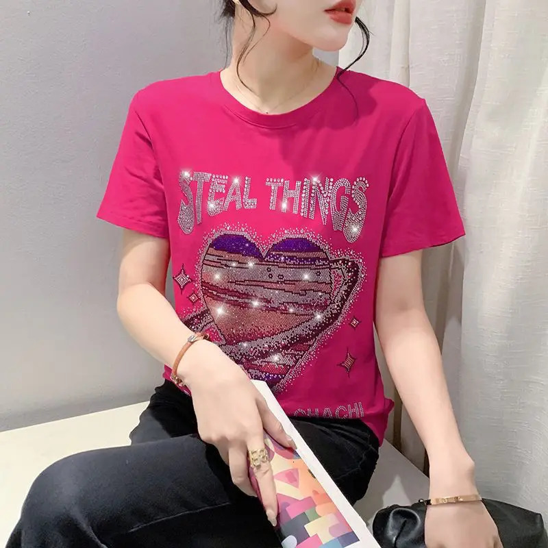 Lovely Ironing Diamond Pure Cotton Short-sleeved T-shirt for Womens Summer Loose Slim and Fashionable Top 250609