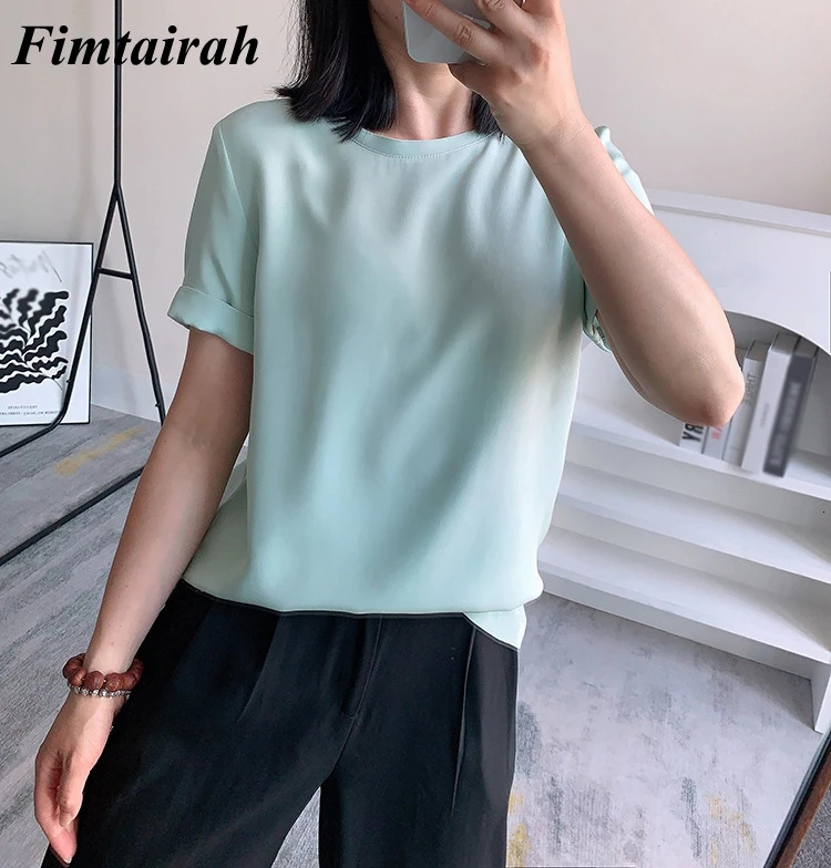Fimtairah 6A 100% Full 32MM Not See Through 100% Mulberry Silk Top Blouse Summer Round Neck Short sleeve T-shirt woman 250609