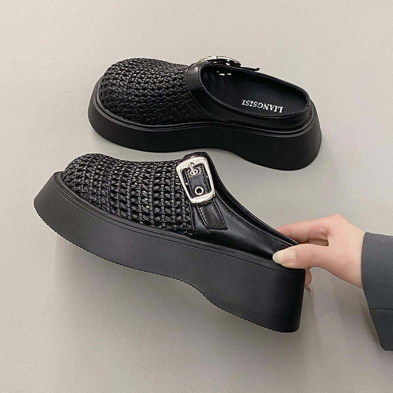 Ddmyoutdoor Platform Thick Sole Loafers New Spring Summer Versatile Woven Closed Toe Half Slippers For Petite Women Outdoor Shoes