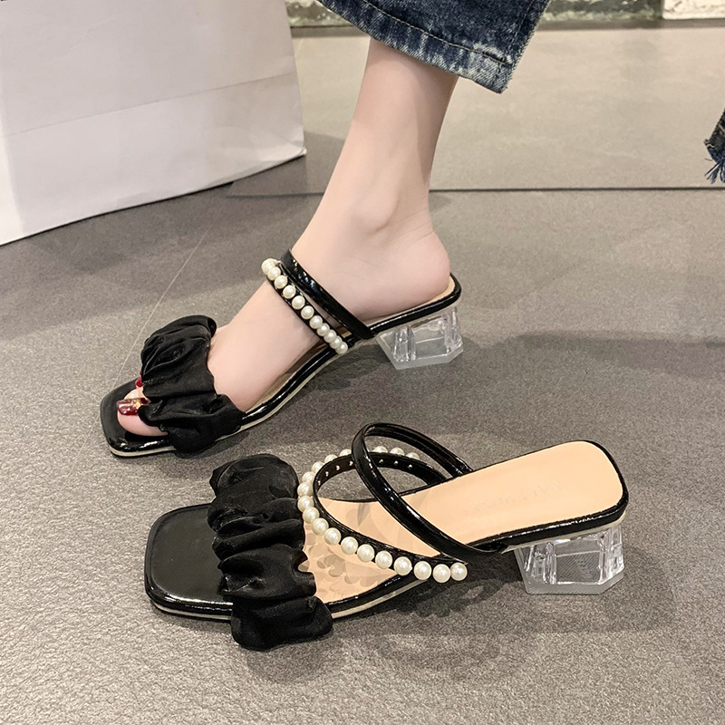 Ddmysports Summer New Women S Mid Heel Chunky French Versatile Outdoor Fairy Style Pearl Two Way Sandals Outdoor Shoes