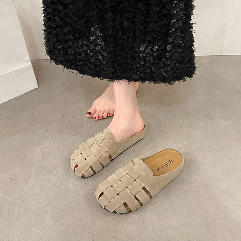 Ddmyoutdoor Ddmyoutdoor Soft Leather Closed Toe Slippers For Women Outdoor Wear Summer Flat Breathable Woven Sandals Lazy Slip On Mules Trendy Shoes O