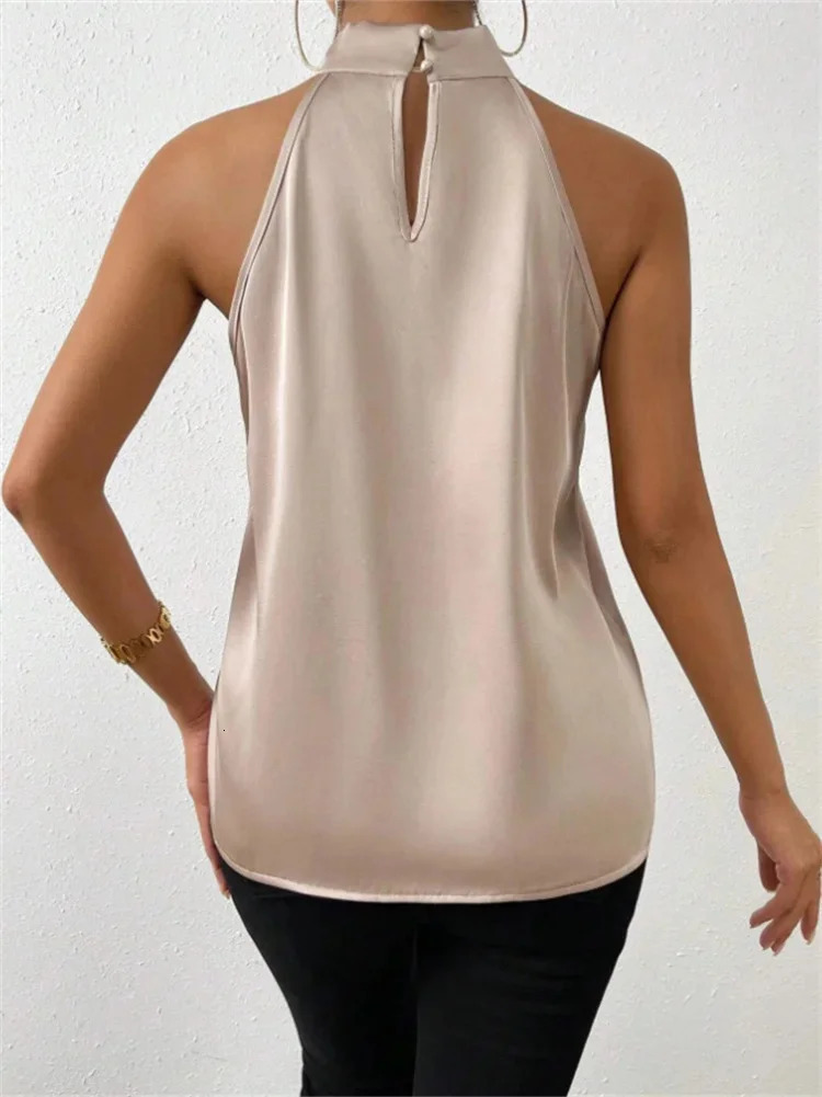Summer European and American Womens Color Ding Halter Sleeveless Vest Satin Silk Blouse 250614