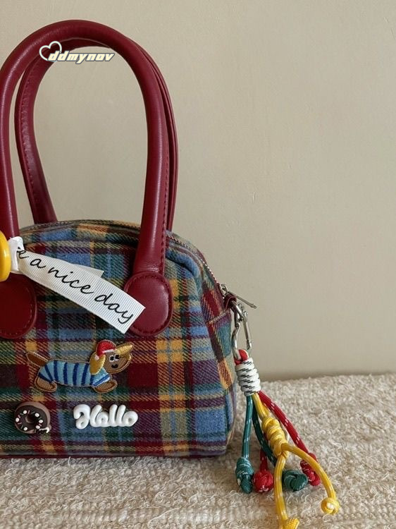 Milad Plaid Handbag for Women Color-Block Dachshund Dog Korean Style Exquisite Handheld Crossbody Bag ddmynov