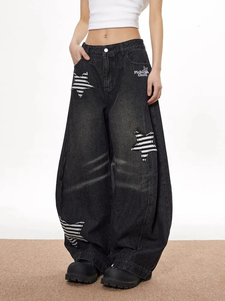 Black Womens Jeans High Waist Vintage n Hip Hop Baggy Denim Pants Street Y2K American Style Wide Leg Trousers 250612