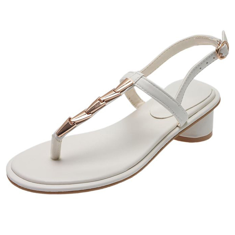 Ddmyoutdoor Summer New Korean Style Fashionable Metal T Chain One Strap Toe Clip Chunky Heel Roman Sandals For Women Beach Shoes Outdoor Shoes