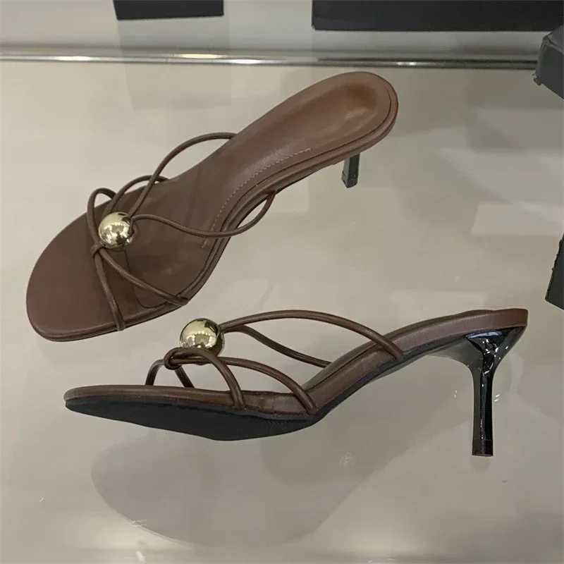 Aneikeh Design Narrow Band Hollow Out Thin Low Heels Women Slippers Fashion Round Head Stripper Party Dress Female Summer Shoes Z250614