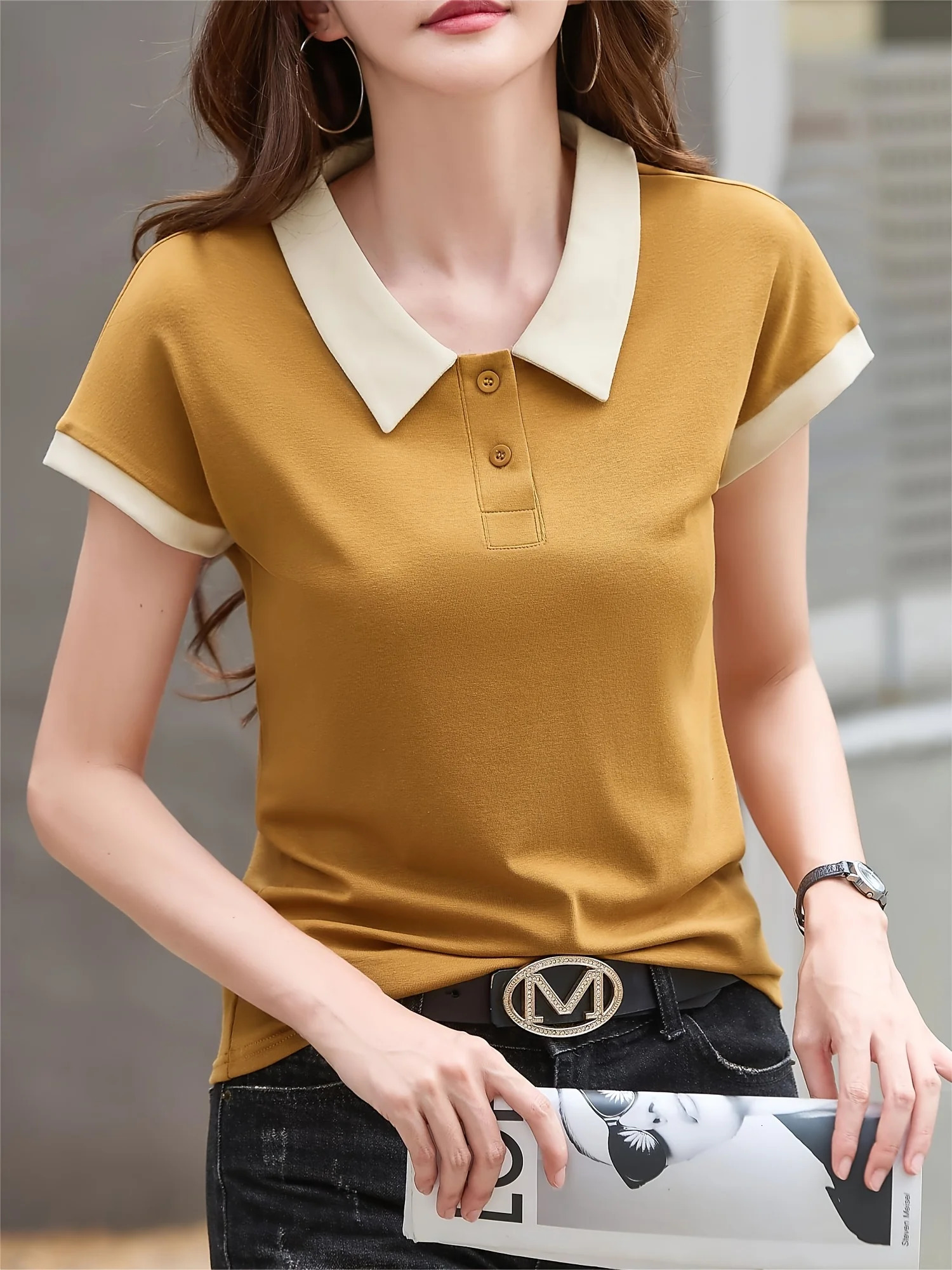 Womens solid color neckline contrast n summer short sleeve POLO shirt fashion breathable knit top can be machine washed 250609