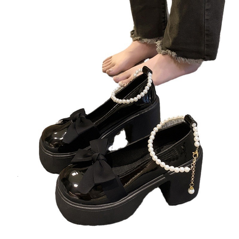 Ddmyoutdoor Platform Mary Jane For Women New Summer Pearl Bow French High Heel Leather Shoes Outdoor Shoes