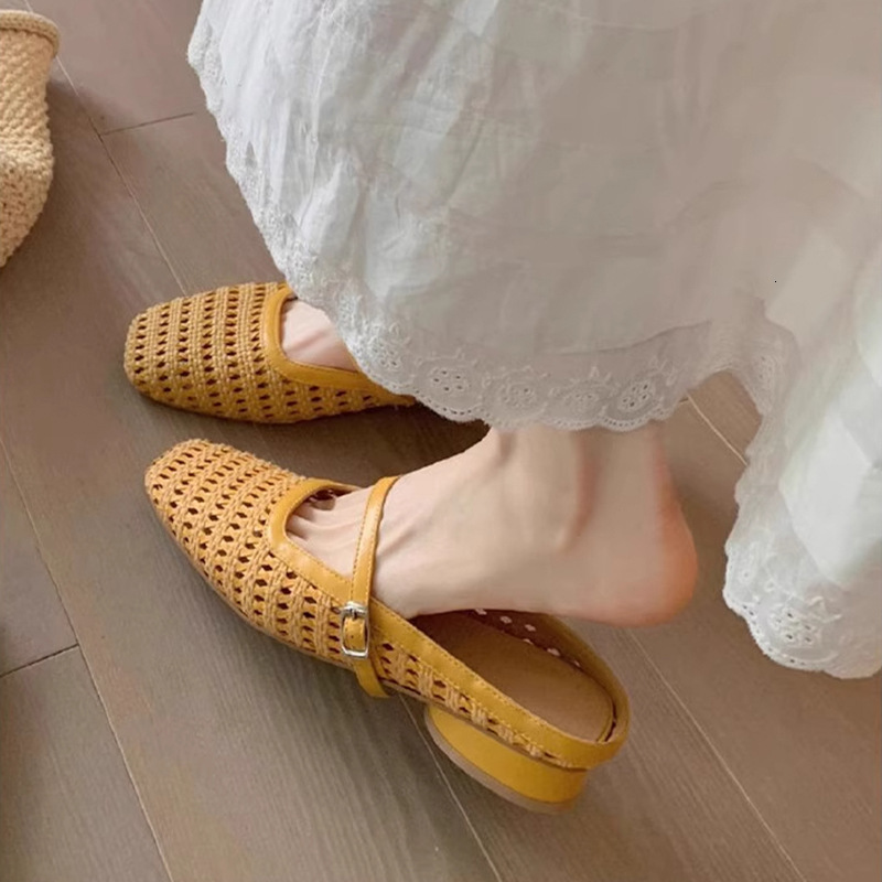 Ddmysports Women S Outdoor Woven Breathable Single Shoes New Style One Strap Mules Chunky Heel Beach Casual Sandals Outdoor Shoes