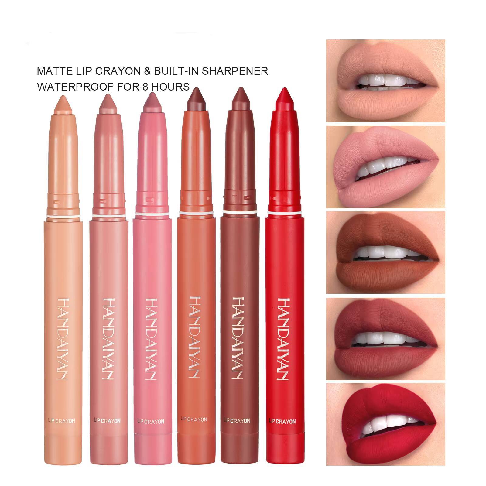 Matte Nude Lipstick Liner 2 in 1 Long Wearing Waterproof Lip Ink Crayon Built-in Sharpener Professional Makeup for Women happy