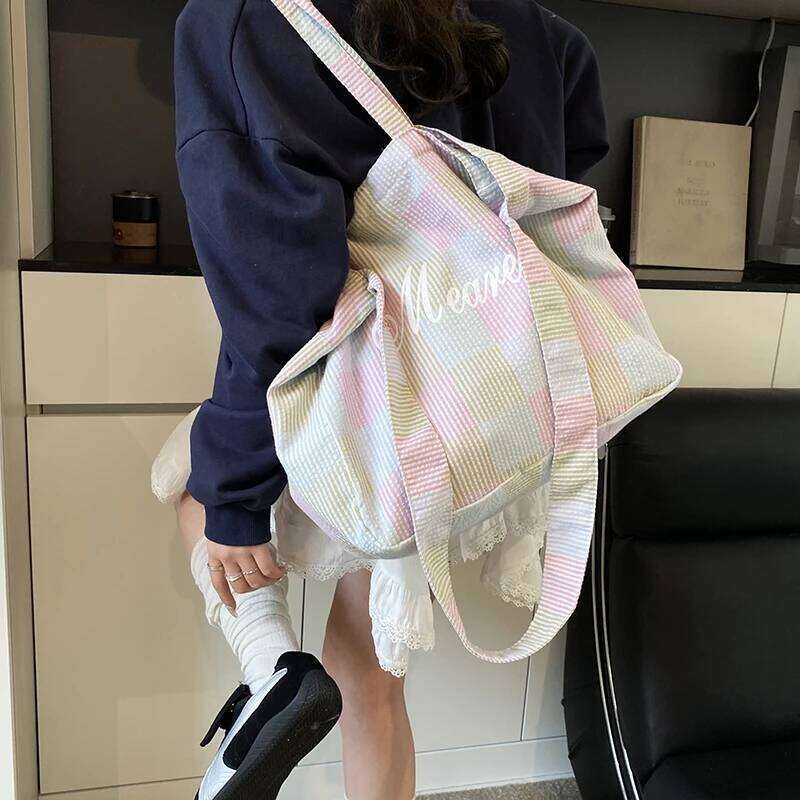 2025 Summer New Trends Striped Plaid Tote Bags For Women Cotton Fabric Letter Prints Large Capacity Shoulder Shopper Student Bag
