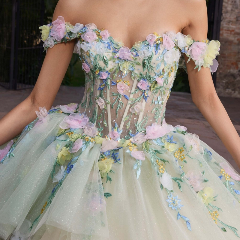 Green Quinceanera Dresses Ball Gown Off The Shoulder Applique Flower Bow Beads Tull Tiered Sweet 16 Dress Vestidos 15 De Anos