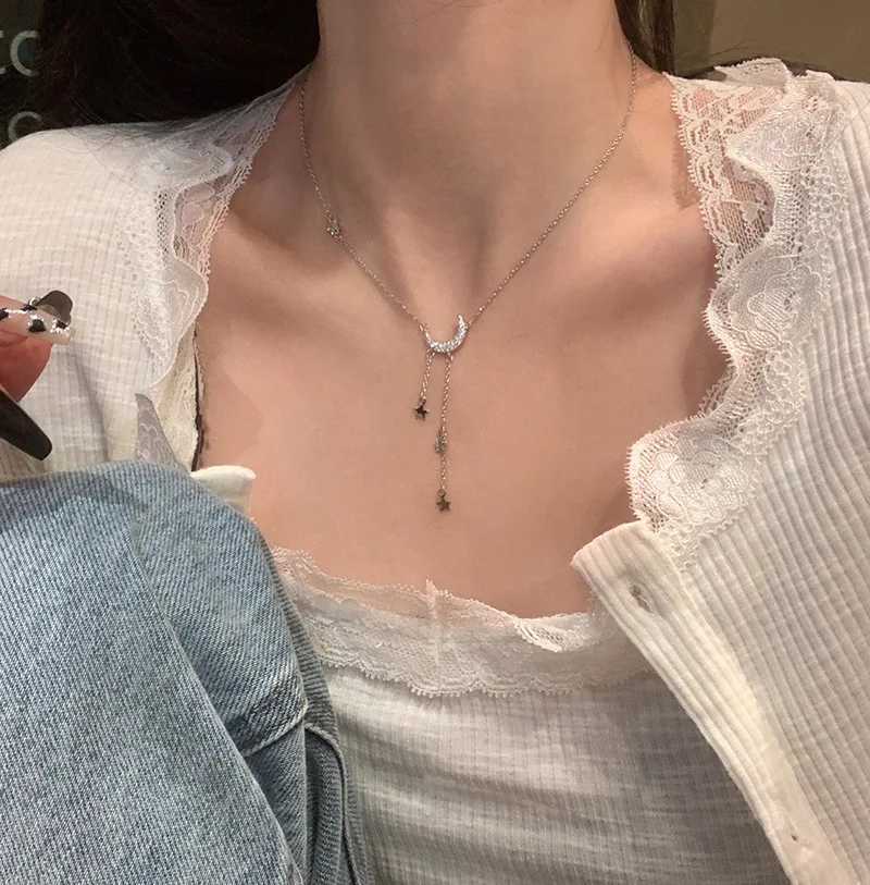 Exquisite Bling Silver Color Tassel Star Moon Necklace For Women Clavicle Chain Woman Jewelry Birthday Gift Accessories Z250614