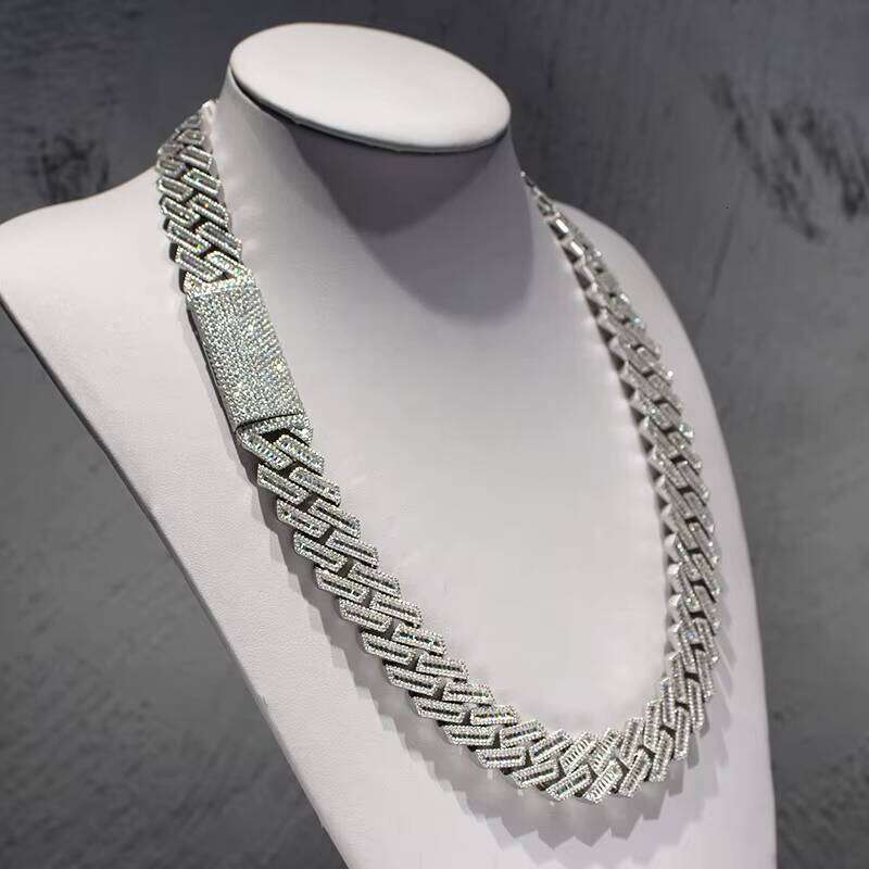 Hip Hop Men 20Mm Width Baguette Three-Row Moissanite Miami Full Iced Out Cuban Link Chain Necklace