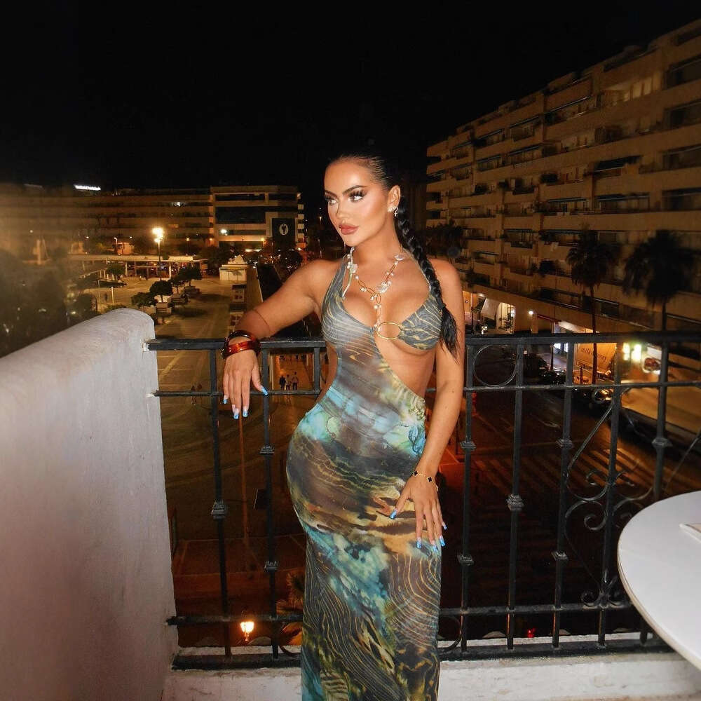 New Women's Fashion Strapless Hollow Out Mixed Color Printed Maxi Dress B5