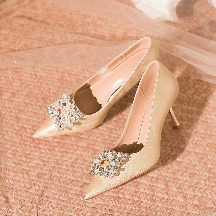 Ddmyoutdoor New Style Rhinestone Pointed Toe Stiletto Pearl Wedding Bridesmaid Shoes Elegant Commuter Professional Heels For Women Outdoor Shoes
