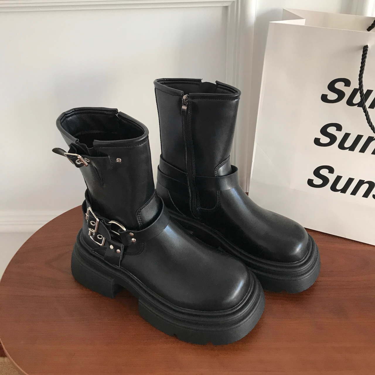 Ddmysports Autumn Winter New British Style Brown Thick Soled Mid Calf Martin For Women Western Denim Short Boots Outdoor Shoes