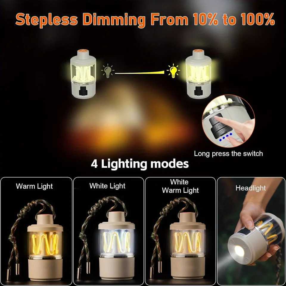 LED Camping Lantern Rechargeable Cob Camping Lanterns Outdoor Flashlight 3 Colors Portable Battery Emergency Light Suitable W250613