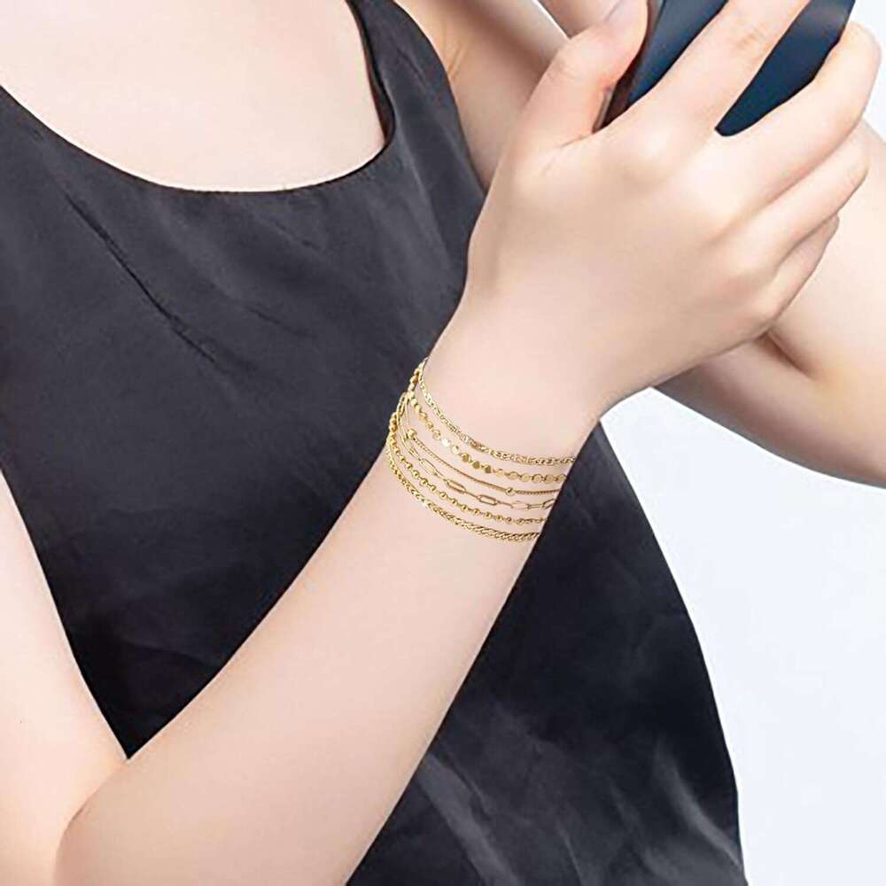 Exquisite Bracelet Set, Stackable 14k Genuine Gold Plated Jewelry Women's Fashion Accessories Glossy Gift Perfect Choice for Fashionable Women