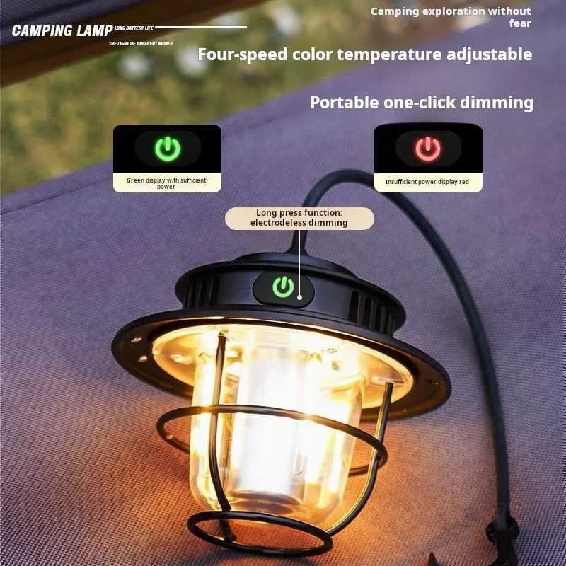 Rechargeable Vintage LED Camping Lantern Portable Waterproof Stepless Dimming Hanging Light for Outdoor Tent Picnic Emergency W250613