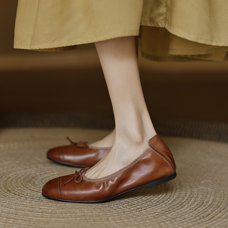 Ddmysheep Super Soft Top Layer Cowhide French Bow Square Toe Flat Ballet Grandma Shoes Brown