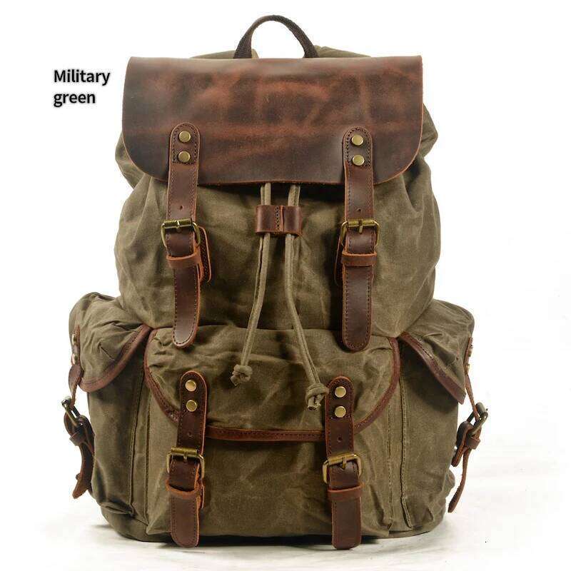 Vintage Crazy Horse Leather And Wax Canvas Backpack Waterproof Large Capacity Bag Outdoor Camping Travel Mochila