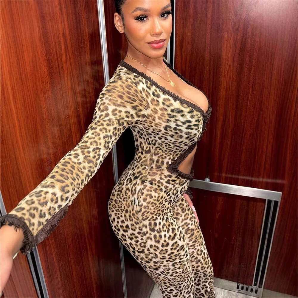 New Fashion Slim Sexy Patchwork Hollow Leopard Print Mesh See-Through Jumpsuit B5