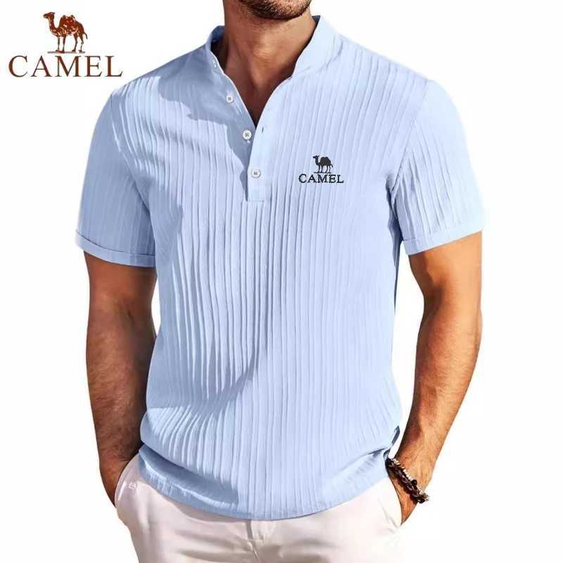 High End Embroidered CAMEL Cotton and Linen Striped Henry Polo Shirt New Summer Mens Retro Fashion Casual Short Sleeved Top Z250613