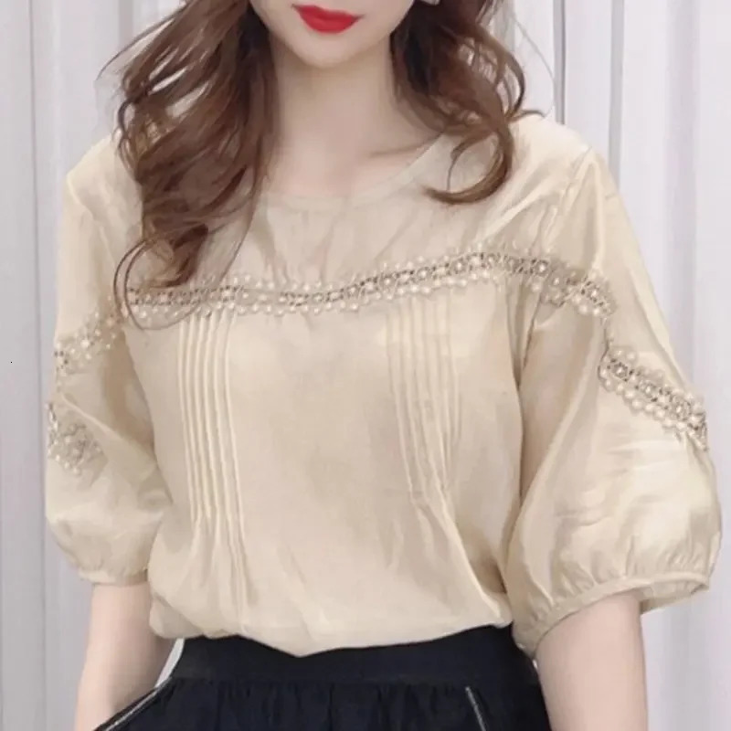 Loose Ice Silk Cotton Blouse Womens Summer Style Lace Splicing Hollow Bubble Sleeve Short Sleeve Top Large Size 250609