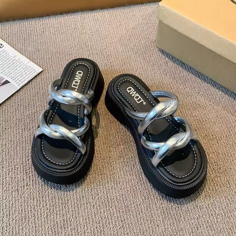 Ddmysports Korean Style Dress For Women Summer New Stunning Thick Sole Height Increasing One Strap High Heel Slippers Outdoor Shoes